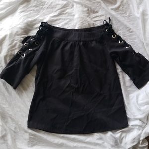 Black off the shoulder top with tie up sleeves